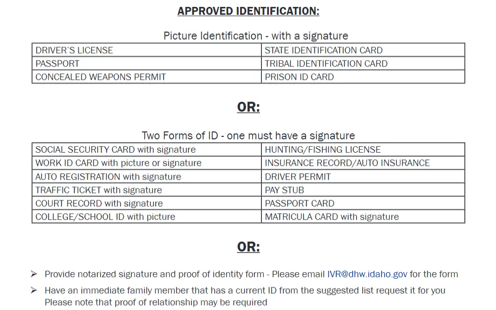 A screenshot of the approved identifications for the information request from the Idaho Department of Health and Welfare for Birth, Marriage, Divorce, etc.