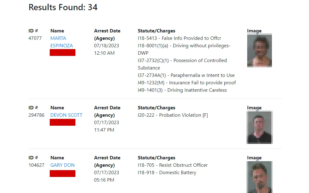 A screenshot of the Canyon County current arrest list showing the offender's details with their full names, ID no., and offense details along with their mugshots and link attached to their names for more info.