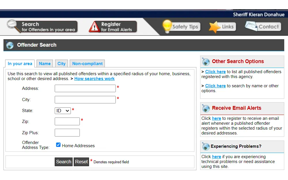 A screenshot of Canyon County Sex Offender Registry showing the required information to conduct a search which is denoted by an "*" which includes address, city, state, and Zip, and can include Zip Plus and Offender address type to narrow the search; Search and Reset button at the bottom.