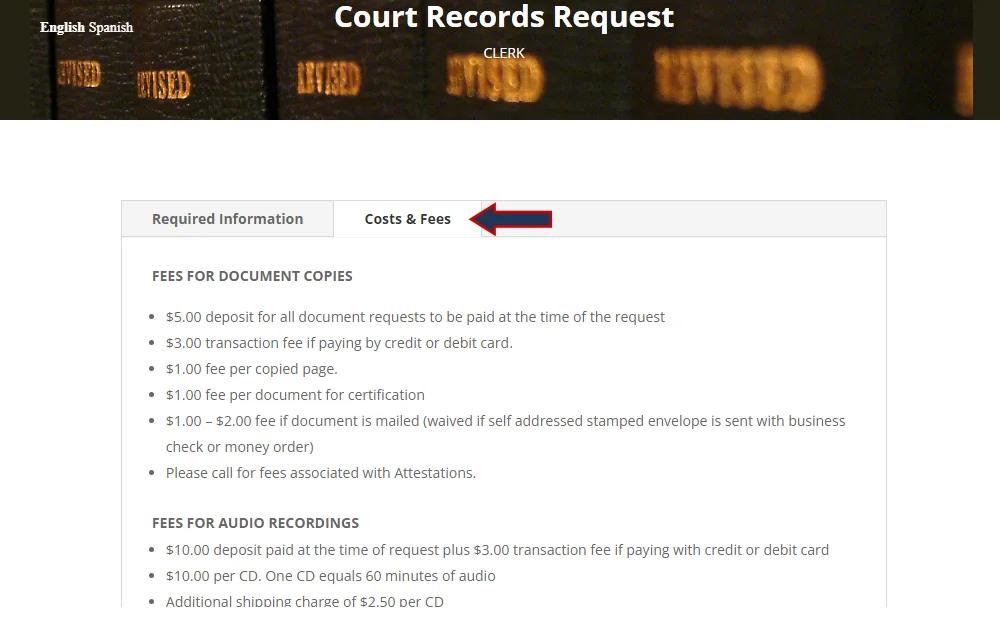 A screenshot of the costs and fees for document copies or audio recordings when requesting court records through Canyon County Clerk. 
