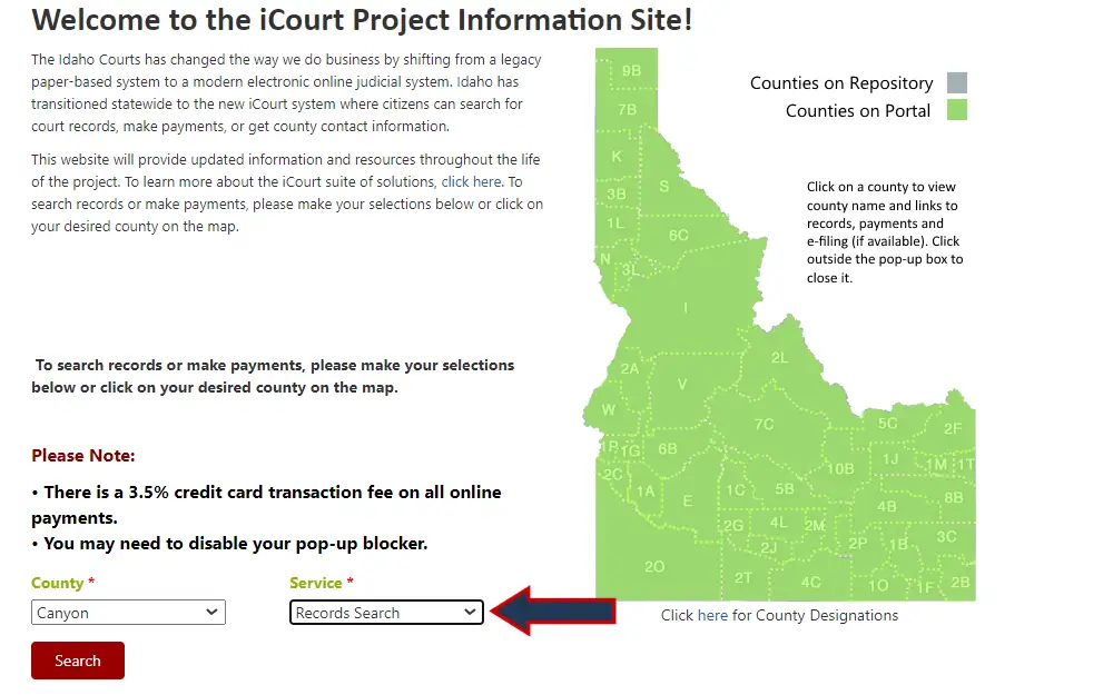 A screenshot from the iCourt Project information site shows the search page; searchers must select "County" and "Service" from the dropdown to search for the offenders, along with the outlined map of Idaho at the right part.