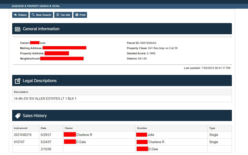 A screenshot of a sample property search detail result showing the general information of the property, such as the name of its owner, the property address, parcel ID, neighborhood address, legal description, sales history, and more. 
