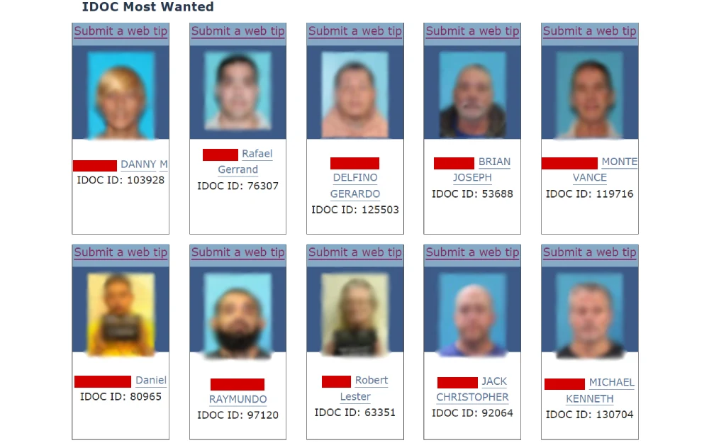 A screenshot showcases a grid of individuals from the IDOC Most Wanted list, with blurred faces to protect identities, and each accompanied by a call-to-action for submitting web tips, personal first names, and unique identification numbers assigned by the IDOC, displayed against a blue background.
