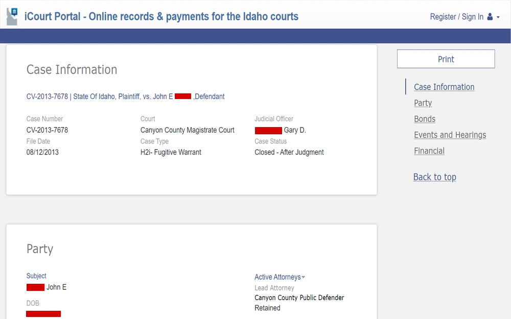 A screenshot provides an overview of a legal case from the iCourt Portal, showing details such as the case number, the court of jurisdiction, the judicial officer assigned, the case type indicated as a legal term related to a person's failure to appear, and the current status as closed with a listed judgment date, including a section for party information with obscured personal details for privacy.